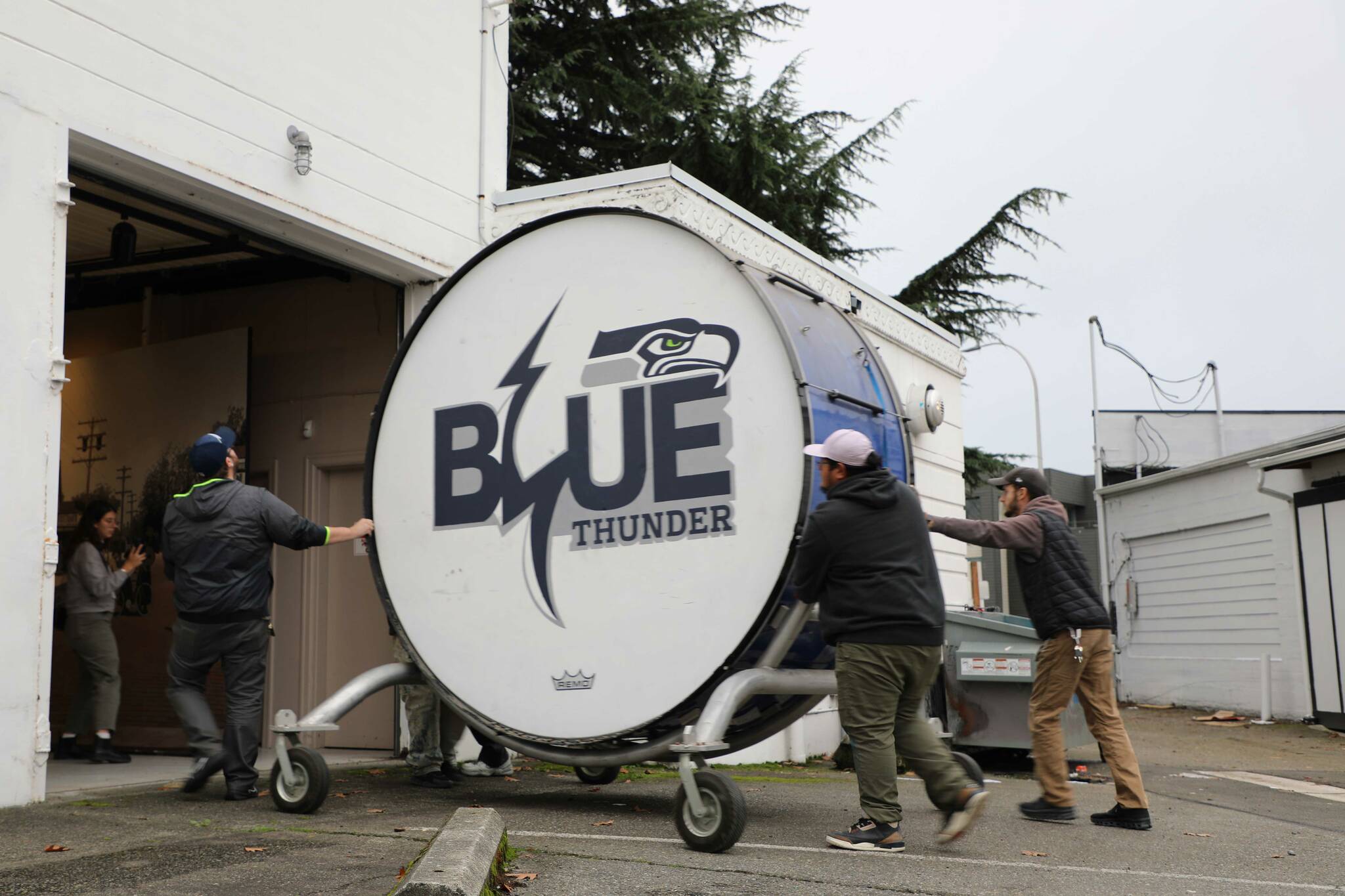 Cameron Sheppard/Sound Publishing
The bass drum is wheeled into the Renton History Museum.