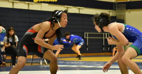 Ben Ray / The Reporter
Redhawk and Patriot wrestlers face off at Bellevue High School.