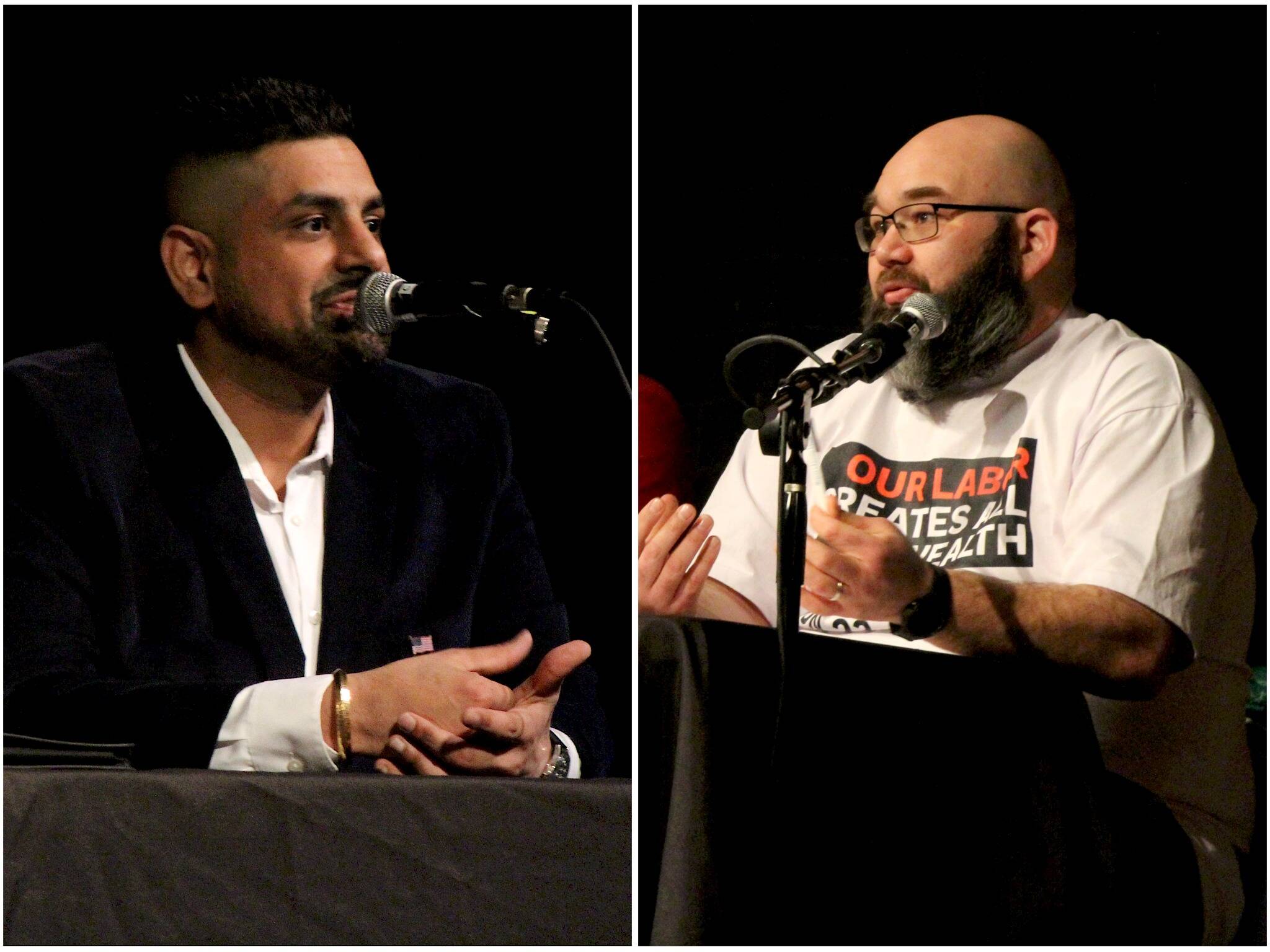 Ramandeep Mann (left) spoke against the Raise the Wage ballot initiative as Michael Westgaard (right) spoke for it during a forum Jan. 31 at Carco Theatre in Renton. (Photo by Bailey Jo Josie/Sound Publishing)