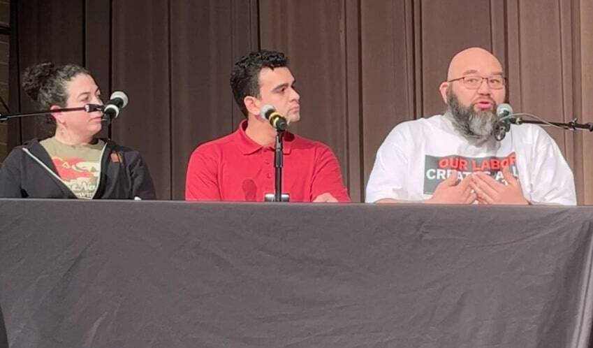 The “vote yes” side of the forum featured (left to right) Marley Rall, owner of Brewmaster Taproom in Renton; Guillermo Zazueta, Chair of the Raise the Wage Renton; Michael Westgaard, a union steward of Service Employees International Union (SEIU) 925. (Screenshot from Renton Reporter video)