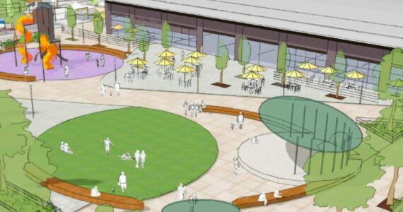 City of Renton
Screenshot from a report in the 2023-2025 Capital Budget Request Design rendering of the public square surrounding the renovated Pavilion Building.