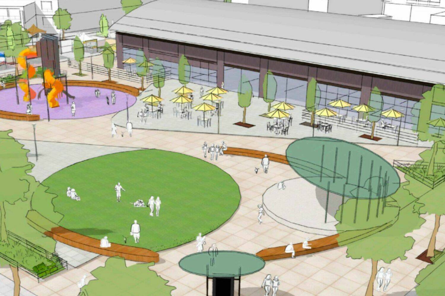 City of Renton
Screenshot from a report in the 2023-2025 Capital Budget Request Design rendering of the public square surrounding the renovated Pavilion Building.