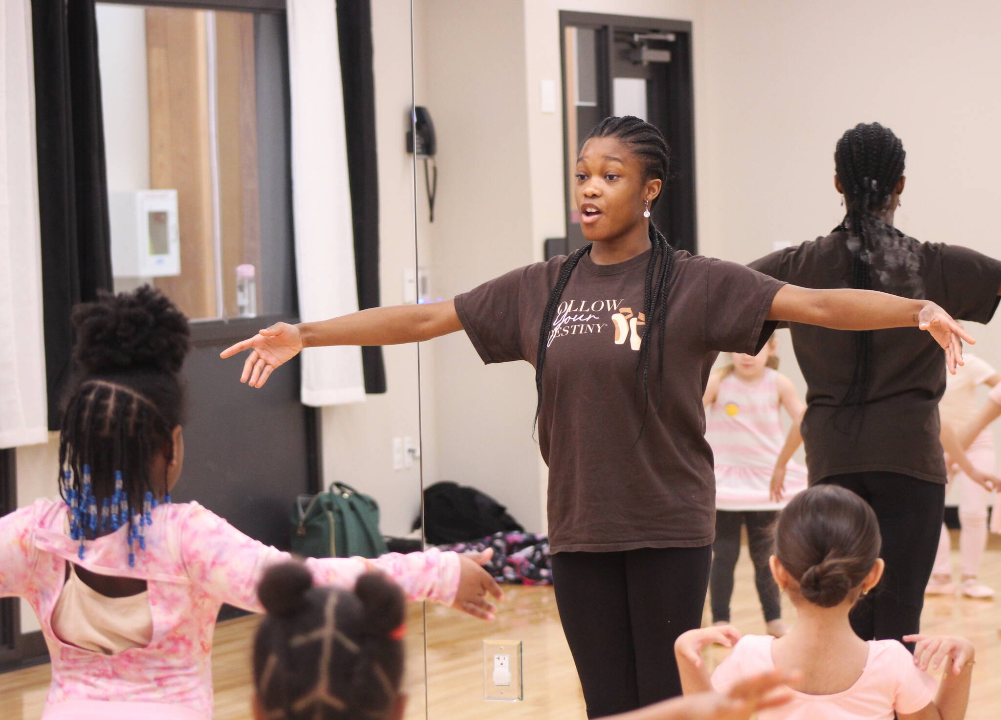 Destiny Wimpye teaches a Saturday morning ballet class at Family First Community Center. Students are as young as three years old, which was the age Wimpye first started dance. Photo by Bailey Jo Josie/Sound Publishing
