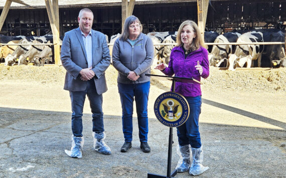Rep. Kim Schrier (D-8) held a press conference with local dairy farmer Leann Krainick and Alan Huttema, interim CEO at Darigold. Photo by Ray Miller-Still