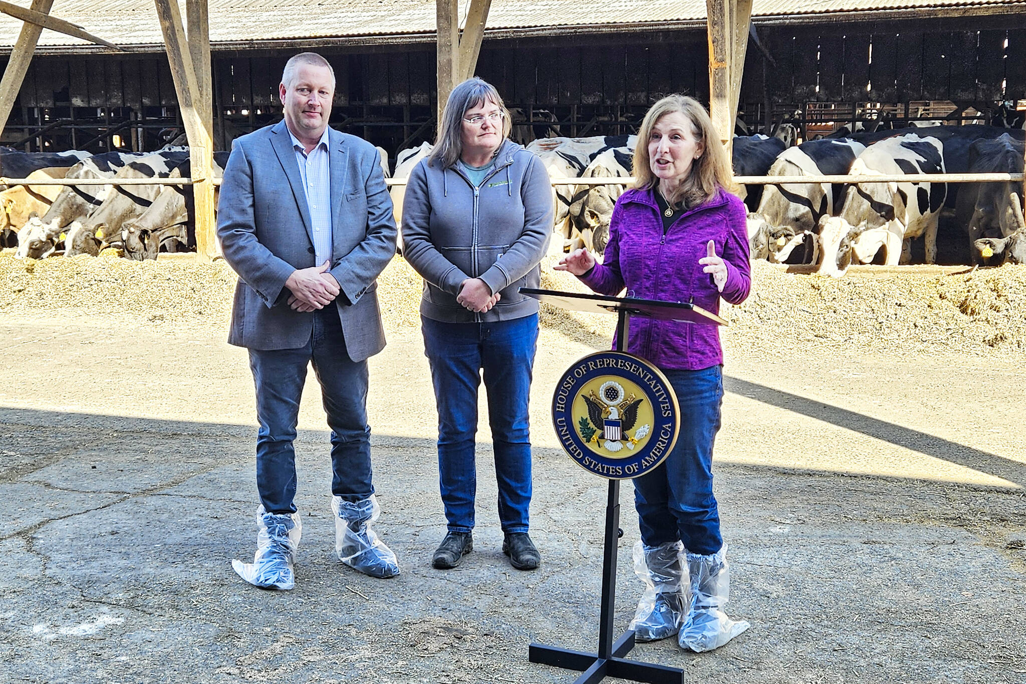 Rep. Kim Schrier (D-8) held a press conference with local dairy farmer Leann Krainick and Alan Huttema, interim CEO at Darigold. Photo by Ray Miller-Still