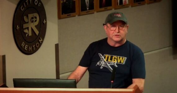 The Landing Gear Works CEO and founder Tom Anderson give his fourth public comment to the Renton City Council about the eviction of his aerospace business from Renton Municipal Airport. Courtesy image