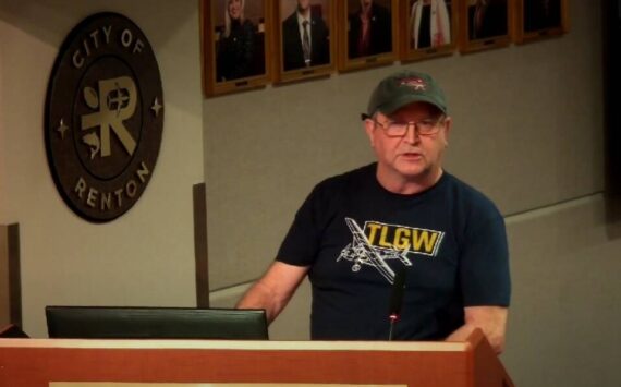 The Landing Gear Works CEO and founder Tom Anderson give his fourth public comment to the Renton City Council about the eviction of his aerospace business from Renton Municipal Airport. Courtesy image