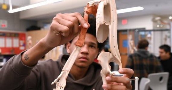 A Career and Technical Education (CTE) student in the Renton School District learns about human anatomy. CTE courses will be affected by the “tight” 2025-2026 school budget. Courtesy photo.