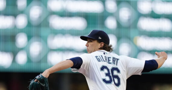 Logan Gilbert pitching in the win against Milwaukee. Courtesy photo via Seattle Mariners.