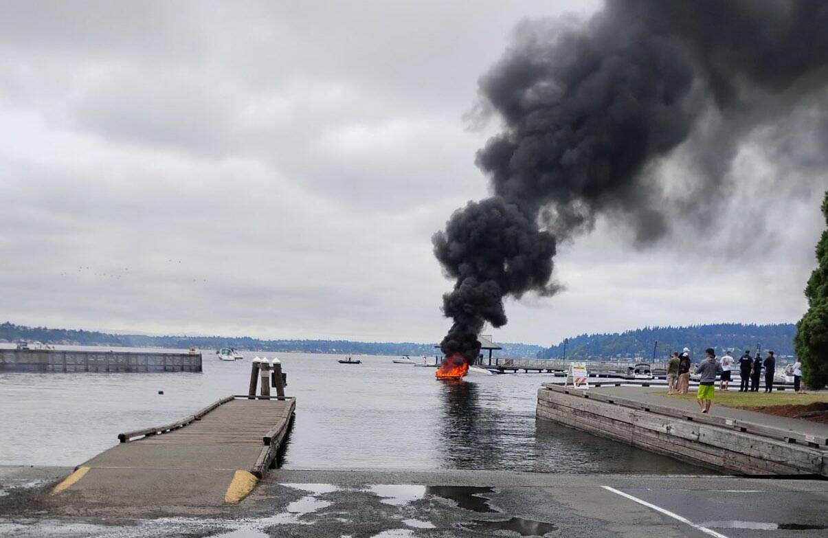 A boat caught on fire at the Gene Coulon Boat Launch on Sunday morning, Aug. 3. Photo courtesy of Renton Police Department.