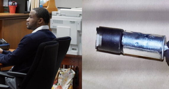 Vaughn Weems and a photo displayed in the courtroom of the pepper spray canister Montisha Offord produced. Photo by Joshua Solorzano/Renton Reporter