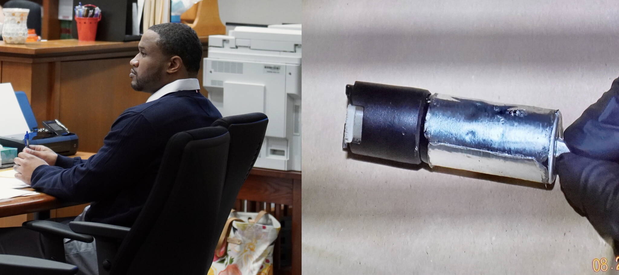 Vaughn Weems and a photo displayed in the courtroom of the pepper spray canister Montisha Offord produced. Photo by Joshua Solorzano/Renton Reporter