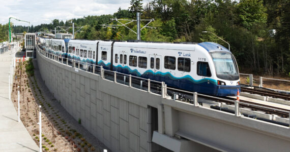 A light rail vehicle parked Aug. 18 on the alignment during the construction of the Star Lake Station in Kent. COURTESY PHOTO, Sound Transit