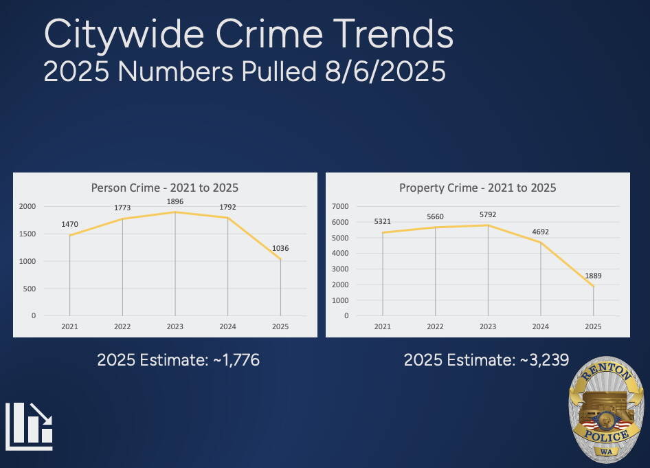 Crime trends presented to the Renton City Council Public Safety Committee. Screenshot.