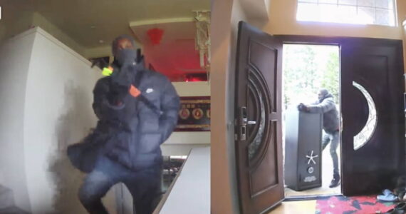 Left to right: Alleged photos of Maisonet flipping off the camera and then dragging out a safe from the Jan. 6 robbery in Renton. Courtesy photos