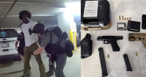 A photo of Malik Marquez Sanchez being arrested and the items found in his possession. Courtesy of the Renton Police Department.