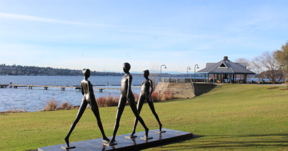 A view of Lake Washington and the Olympic Mountains behind the “Interface” sculpture in Gene Coulon Memorial Beach Park. Photo by Bailey Jo Josie/Sound Publishing