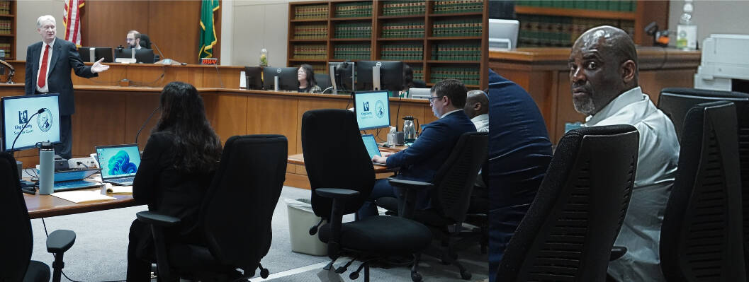 Prosecutor Don Raz indicating to jurors Jerome Jones is in the courtroom and a photo of Jerome Jones. Photo by Joshua Solorzano/Renton Reporter