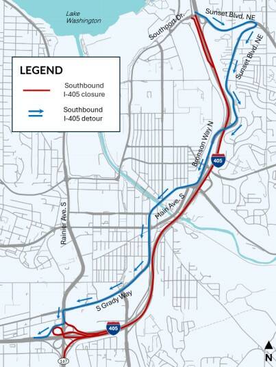 Southbound I-405 will be closed near Renton this weekend. Courtesy image