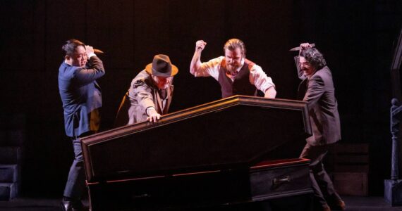 Jonathan Harker (Michael Yichao), Dr. Abraham Van Helsing (Phillip Keiman), Arthur Holmwood (Cameron Widmark) and Dr. Seward (David Breyman) are set to stake the Count. Photo courtesy of Renton Civic Theatre.