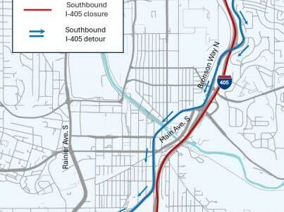 The map shows the detour southbound 1-405 traffic will take this weekend through Renton. Photo provided by the city of Renton