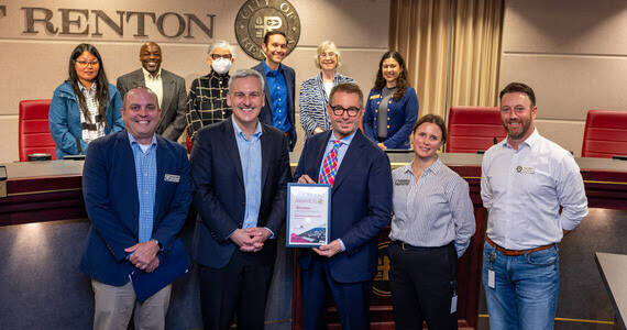 Renton Mayor Armondo Pavone received the VISION 2050 Award on behalf of the city for its work on the Rainier/Grady Junction Transit-Oriented Development Subarea. Photo provided by the city of Renton