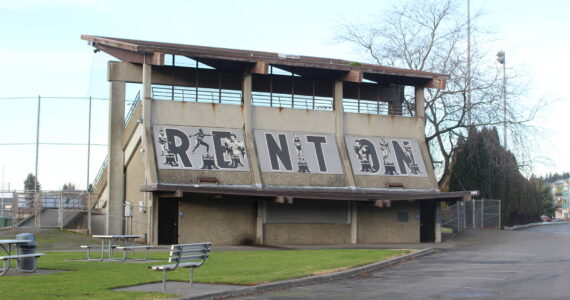 A Renton sign on the baseball bleachers in Liberty Parks greets drivers on I-405. Photo by Bailey Jo Josie/Sound Publishing.