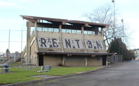 A Renton sign on the baseball bleachers in Liberty Parks greets drivers on I-405. Photo by Bailey Jo Josie/Sound Publishing.