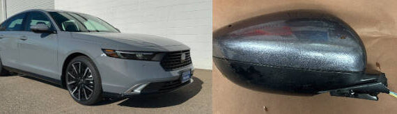 Left to right: A photo of a car like the one that hit the pedestrian and the mirror from the suspect’s car. Courtesy photos.