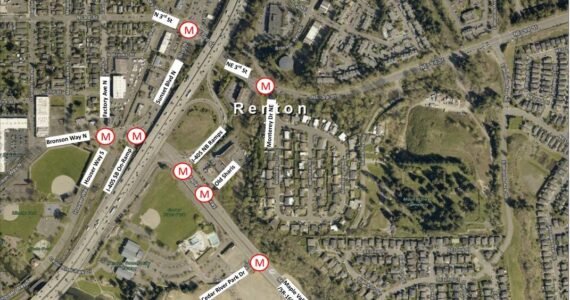 The Ms on the map mark the traffic lights that will be upgraded to be incorporated into the SCOOT system. Photo provided by the city of Renton