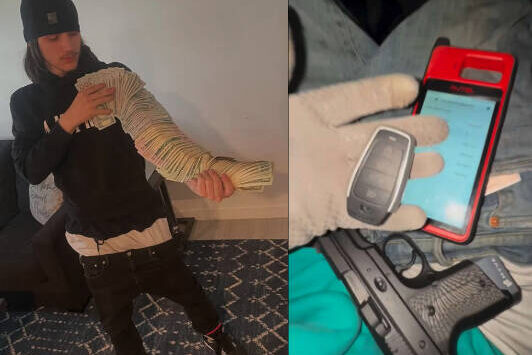 Left to right: A photo of Cunningham and a photo showing an Autel programmer, an Autel universal key and a firearm. From charging documents