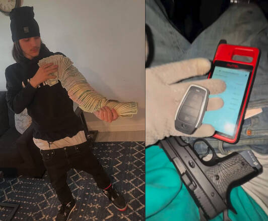 Left to right: A photo of Cunningham and a photo showing an Autel programmer, an Autel universal key and a firearm. From charging documents