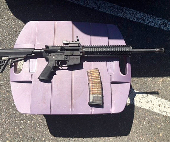 An AR-15 rifle and a loaded magazine that were recovered from a suspect in a shooting incident at the Kent Station parking garage in 2019. (Photo courtesy of King County Sheriff’s Office)