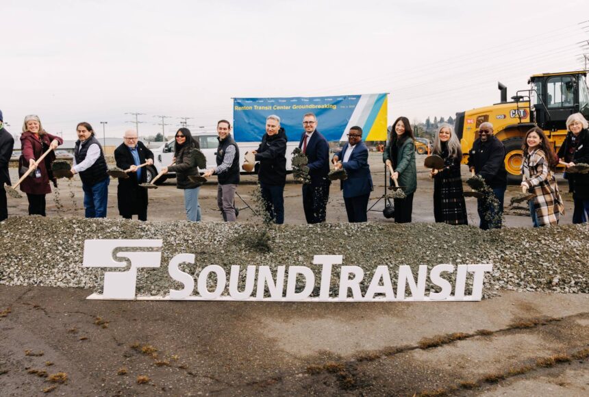<p>Mayor Armondo Pavone, Sound Transit CEO Dow Constantine, the Renton City Council and other project partners break ground on the new transit center. Photo provided by Sound Transit</p>
