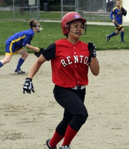 Renton's Wanda Saechin heads into third base against Hazen earlier this season.