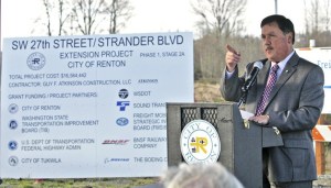 Mayor Denis Law speaks at the groundbreaking Tuesday of a project that will help create a new east-west corridor across south Renton and provide access to Sound Transit’s Sounder station.