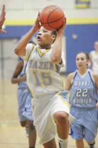 Hazen’s Airashay Rogers drives to the basket against Mount Rainier Jan. 23.