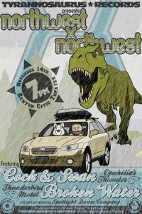 The official Northwest x Northwest festival poster. Tyrannosaurus Records is hosting the City of Renton's first indie rock festival.