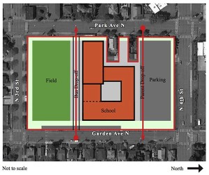 This is a concept drawing of how a new elementary school could be positioned on Renton School District property in North Renton. The cutouts at the top of the drawing show the location of two properties that have not been sold to the school district.