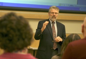 Renton Technical College interim president Steve Hanson answers questions from instructors Dec. 10 in one of eight forums. The Board of Trustees is considering Hanson for the permanent position.