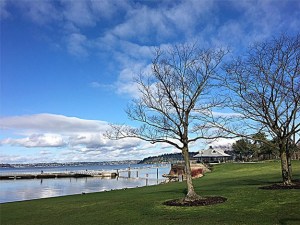 The bright blue skies drapes over the still waters of Lake Washington.