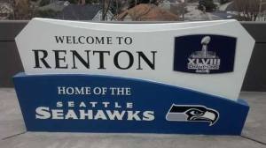 The city updated the monument at City Hall to reflect the Super Bowl championship.