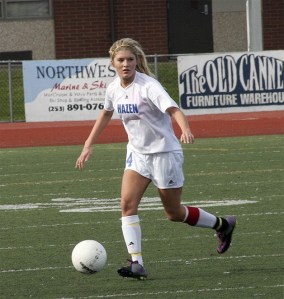 Hazen senior Marina Vaughn brings the ball up the field against Kelso Nov. 5.