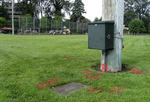 Red circles mark where Renton Police investigators recovered shell casings or lead from a shootout at Liberty Park Wednesday night