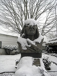Chief Seattle (also Chief Sealth) is stuck outside in the snow at the Renton History Museum in downtown Renton Monday.