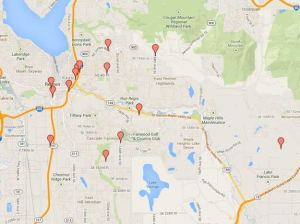 This Google map shows the locations of the 14 applications received for marijuana retail businesses in Renton.