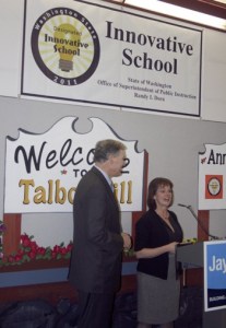 Mary Alice Heuschel introduced then-candidate Jay Inslee last April at the innovative Talbot Hill Elementary School