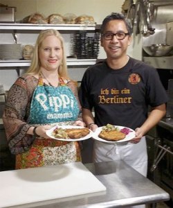 Carolyn Ossorio  and Berliner Pub co-owner Dennis Mascarinas make Weiner Schnitzel and Hot German Potato Salad.