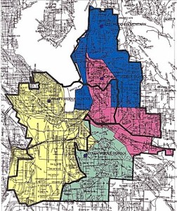 Map of proposed preliminary new boundaries for all Renton district middle schools: The heavy black lines show current middle school boundaries (which are also high school  boundaries that will not change); the blue area is the boundary for the new middle school; the pink area is the new boundary for McKnight Middle School; the yellow area is the new boundary for Dimmitt Middle School; and the green area is the new boundary for Nelsen Middle School.