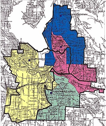 Map of proposed preliminary new boundaries for all Renton district middle schools: The heavy black lines show current middle school boundaries (which are also high school  boundaries that will not change); the blue area is the boundary for the new middle school; the pink area is the new boundary for McKnight Middle School; the yellow area is the new boundary for Dimmitt Middle School; and the green area is the new boundary for Nelsen Middle School.